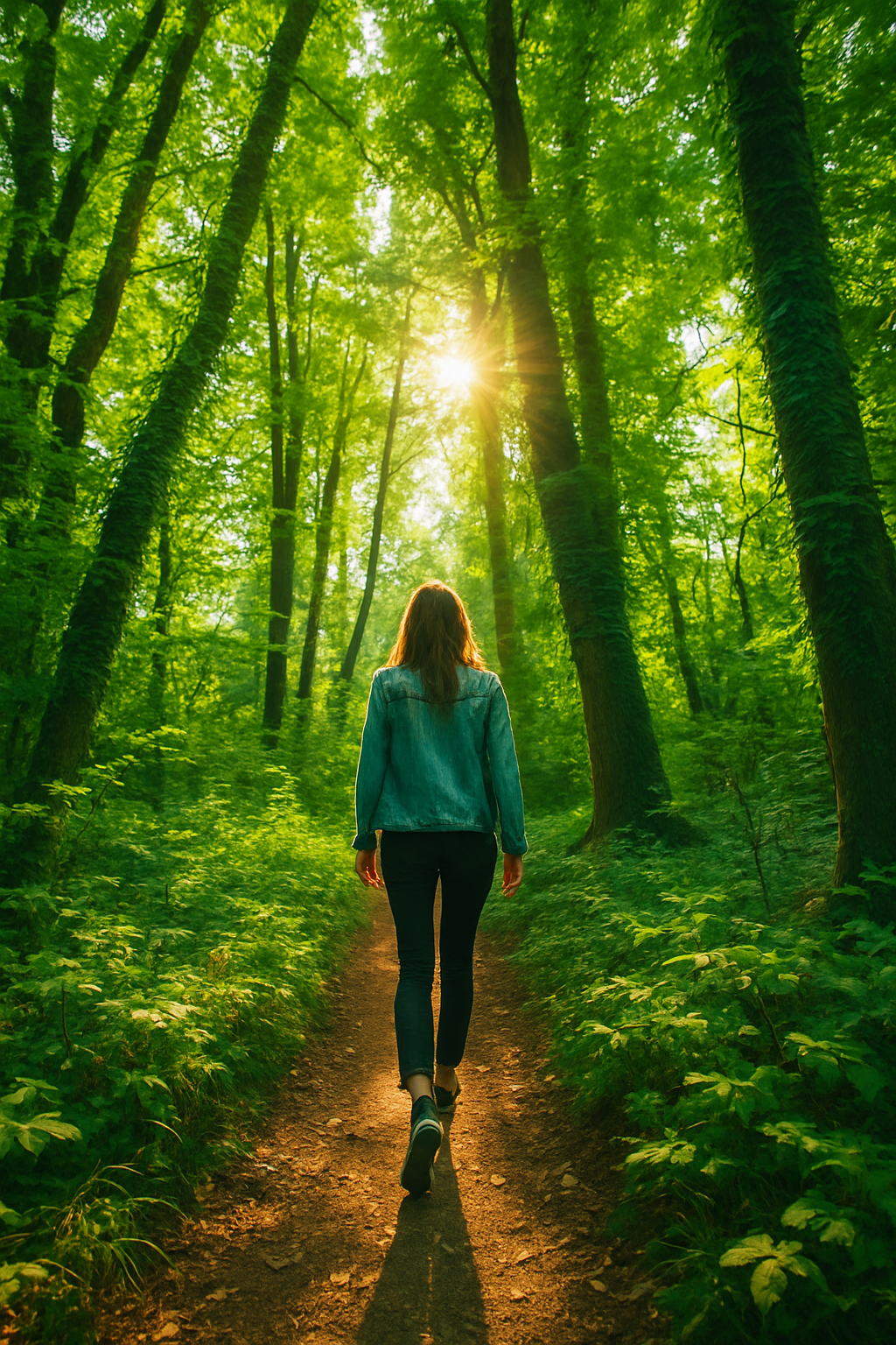 A person walking through a lush green forest.